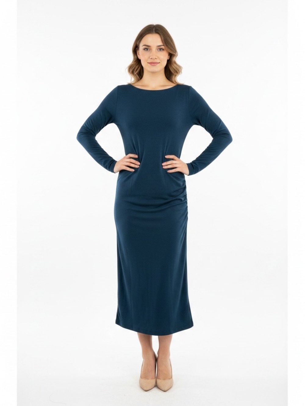 OGL Sz LSlate Blue Fit-Flare Long Sleeve Built-bra Midi Dress | NWT - Picture 1 of 10